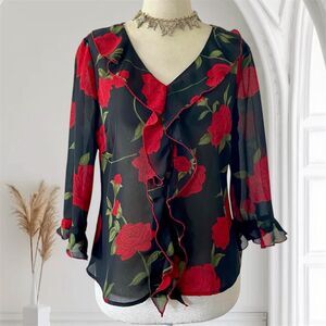 Whimsygoth Black Red Flower Frilly Ruffle Rose Mesh Button Up Vintage Blouse M